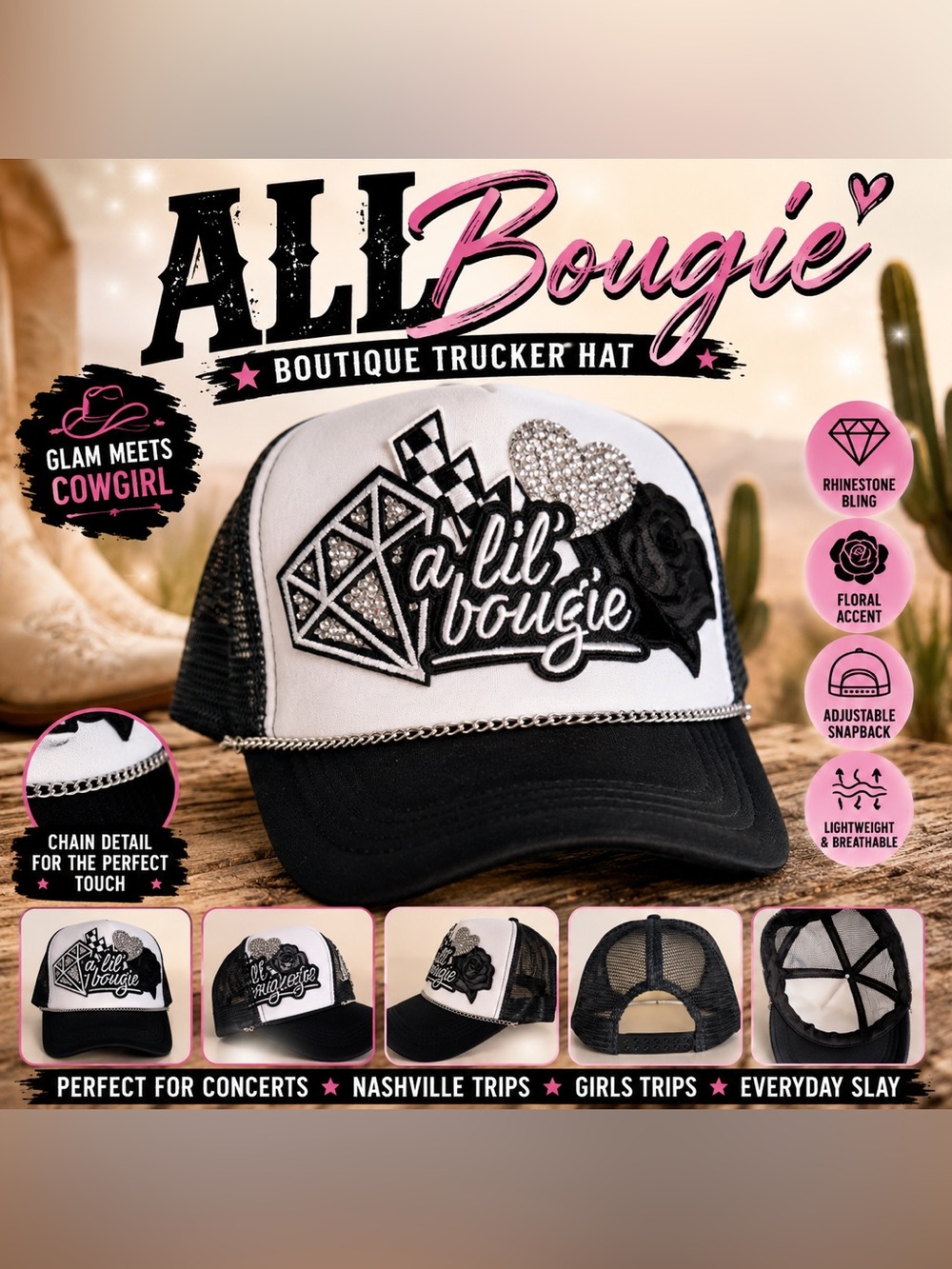 All Bougie Rhinestone Boutique Trucker Hat Glam Cowgirl Snapback